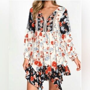 🧑‍🎄🌙 Patrons of Peace Blue White Red Bohemian Knee-Length Sundress EUC